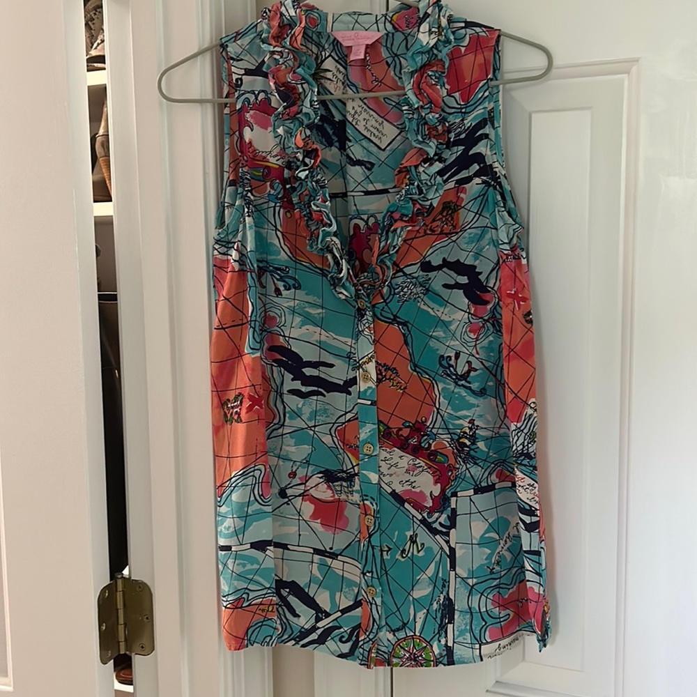 Lilly Pulitzer silk top Women’s World map